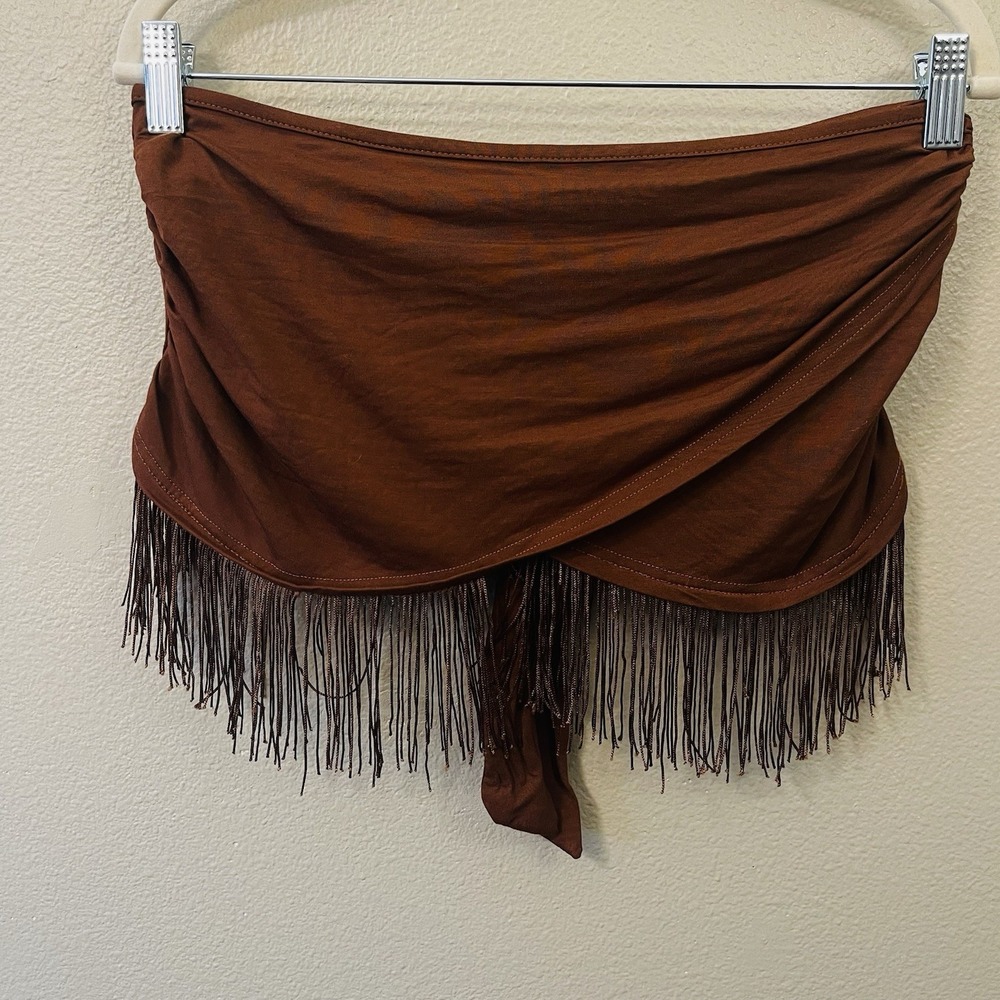 Summer Festival Wrap Fringe Tube Topâ Cropped Brown Boho Cowgirl Western Sz S